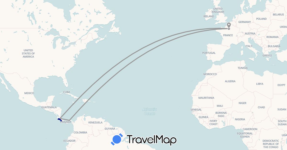 TravelMap itinerary: driving, plane, hiking, boat in Costa Rica, France, Panama (Europe, North America)
